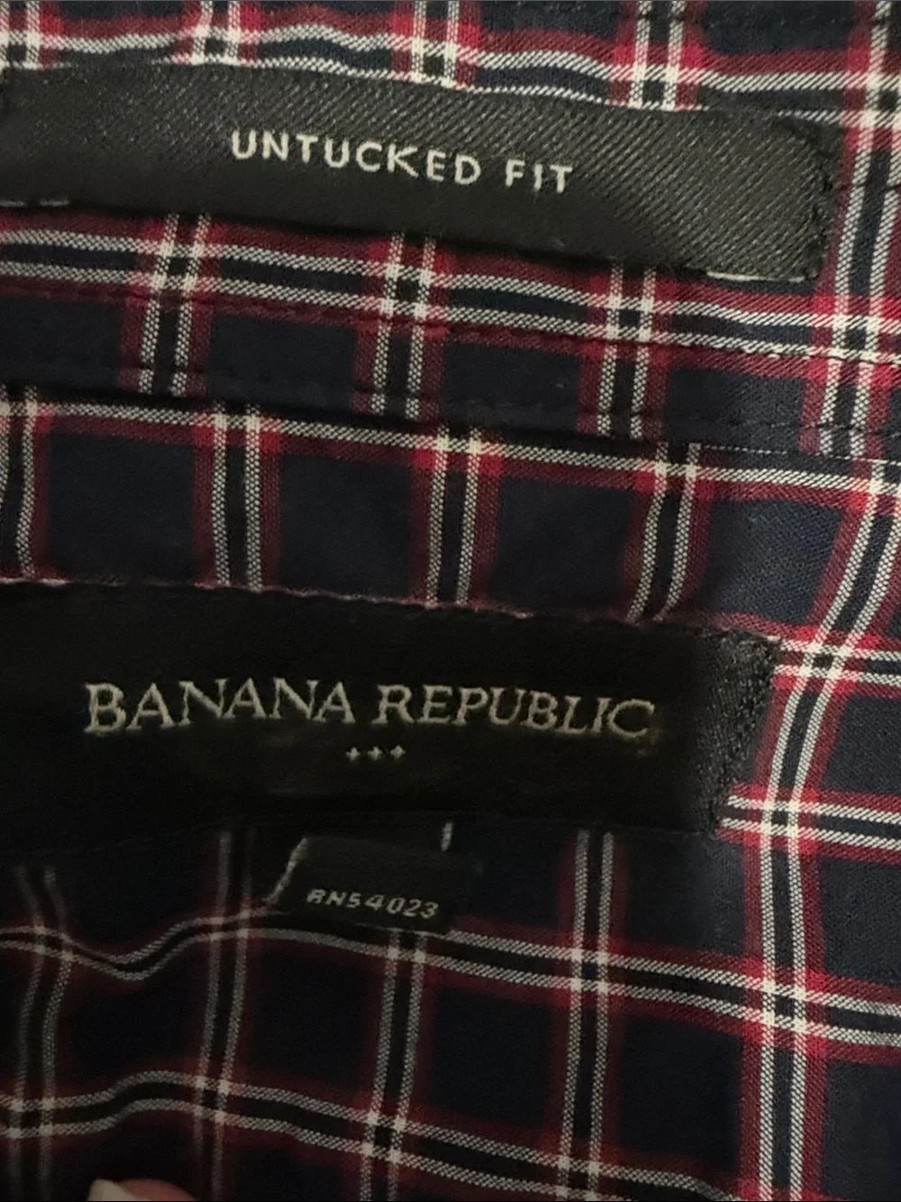 Men’s Banana Republic black Plaid Button-Up with Red and White Accents untucked